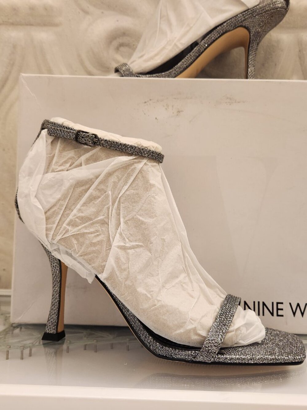 Nine West Pewter "Yess" Heeled Sandals. NIB. Size 10